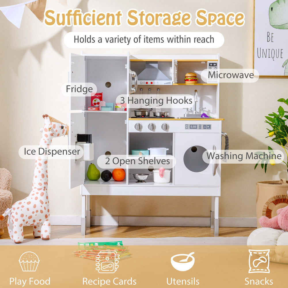 Pretend play kitchen toy set with fridge, washing machine, and ample storage for kids' accessories and play food.