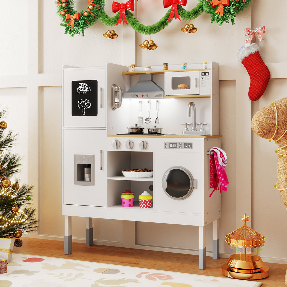 Pretend play kitchen toy set in white with range hood, sink, and accessories for kids aged 3+, perfect for imaginative.