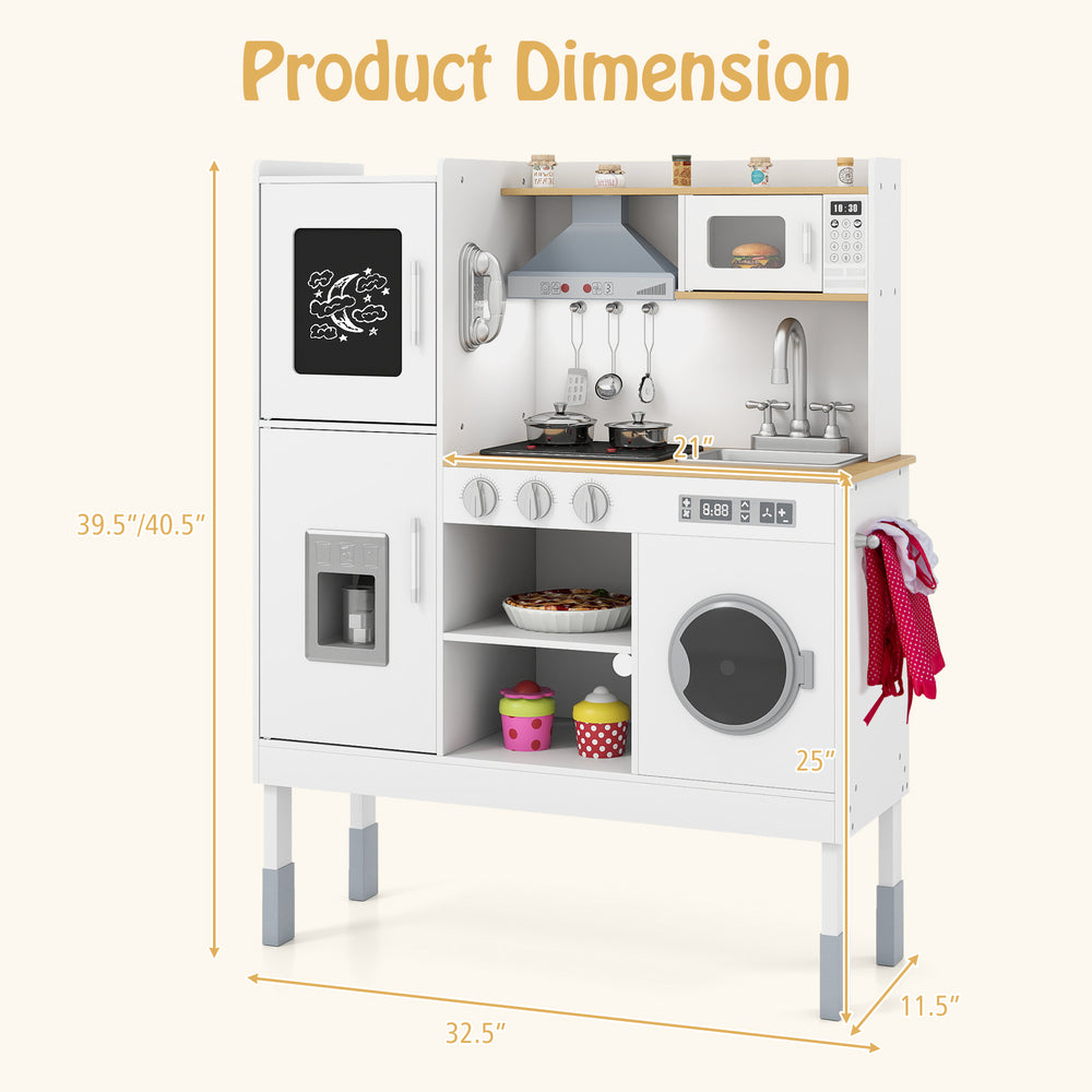 Pretend play kitchen toy set with adjustable height, range hood, and ice maker, designed for kids aged 3+.