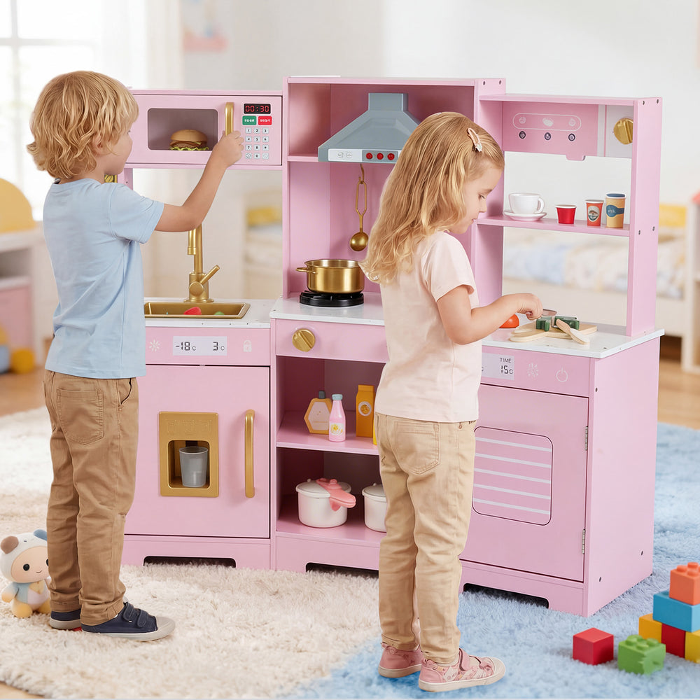 Pretend Play Kitchen Wooden Toy Set with Range Hood Real Sounds and Lights-Pink - Gallery View 1 of 11
