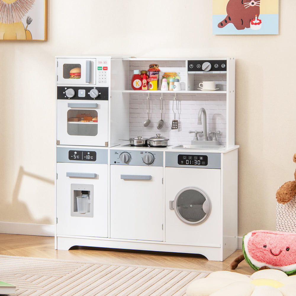Wooden pretend play kitchen set in white with sink, stove, microwave, and washing machine for immersive role play.