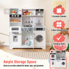 Pretend play kitchen set in white with sink, stove, microwave, and ample storage for toys and accessories.