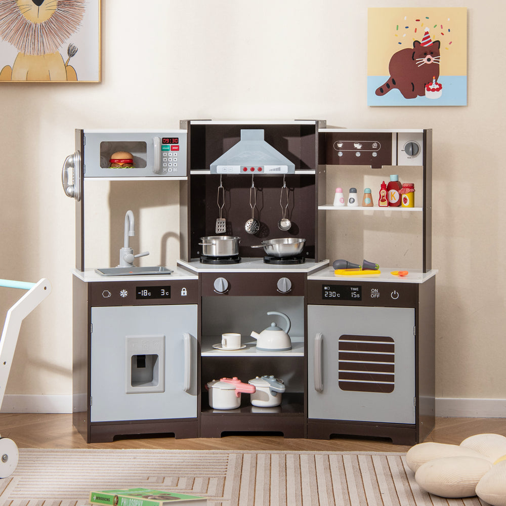 Pretend Play Kitchen Wooden Toy Set with Range Hood Real Sounds and Lights-Brown - Gallery View 1 of 10