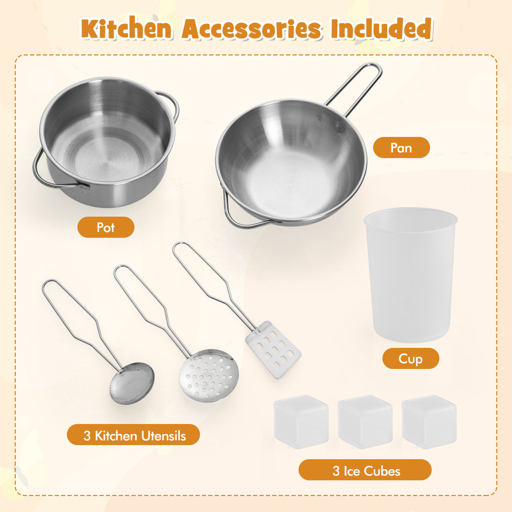Stainless steel pot and pan with 3 kitchen utensils, cup, and ice cubes for pretend play kitchen set.