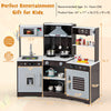 Wooden pretend play kitchen set in brown with range hood, realistic sounds, lights, and various accessories for kids.