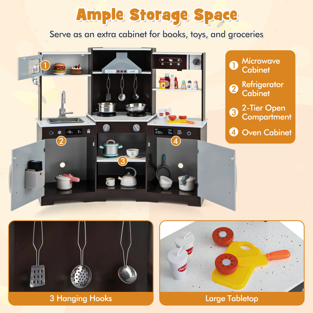 Wooden pretend play kitchen set in brown with range hood, lights, sounds, and ample storage for kids' accessories.