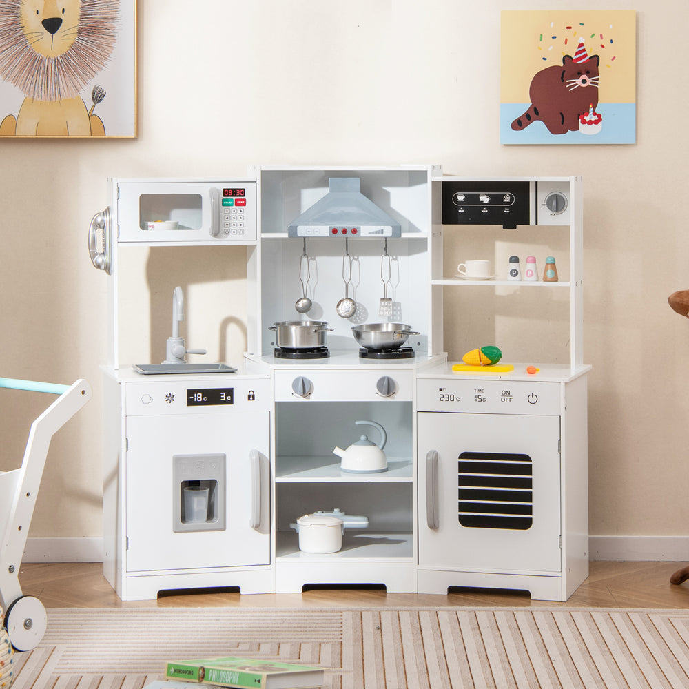 Pretend Play Kitchen Wooden Toy Set with Range Hood Real Sounds and Lights-White - Gallery View 1 of 10