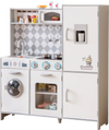 Pretend play kitchen for kids with stove, washing machine, and realistic sounds, perfect for imaginative cooking fun.
