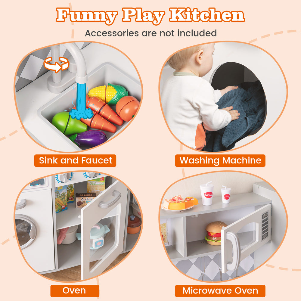 Pretend play kitchen for kids featuring a sink, oven, microwave, and washing machine for immersive cooking fun.