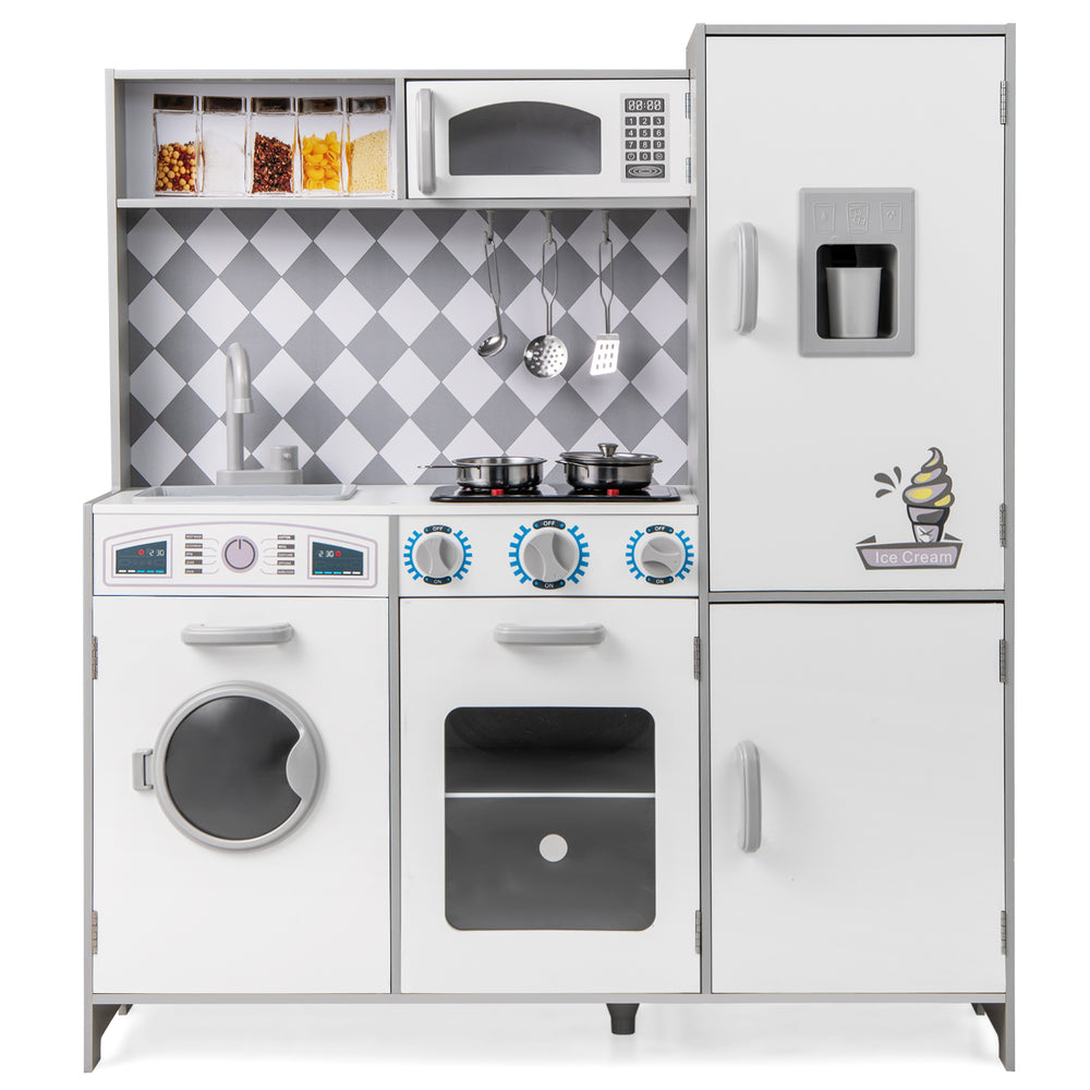 Pretend play kitchen for kids with stove, oven, washing machine, and realistic sounds, perfect for imaginative play.