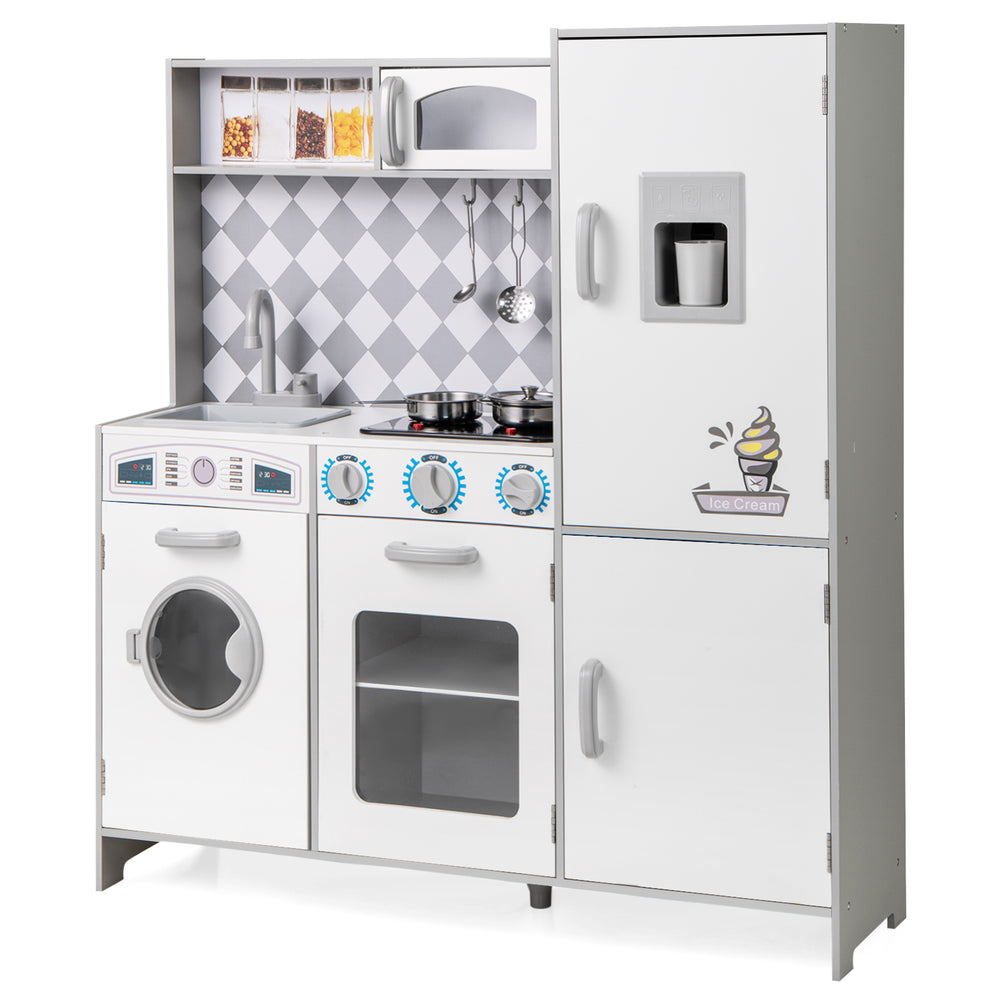 Pretend play kitchen for kids with stove, washing machine, and realistic sounds, designed for immersive cooking fun.