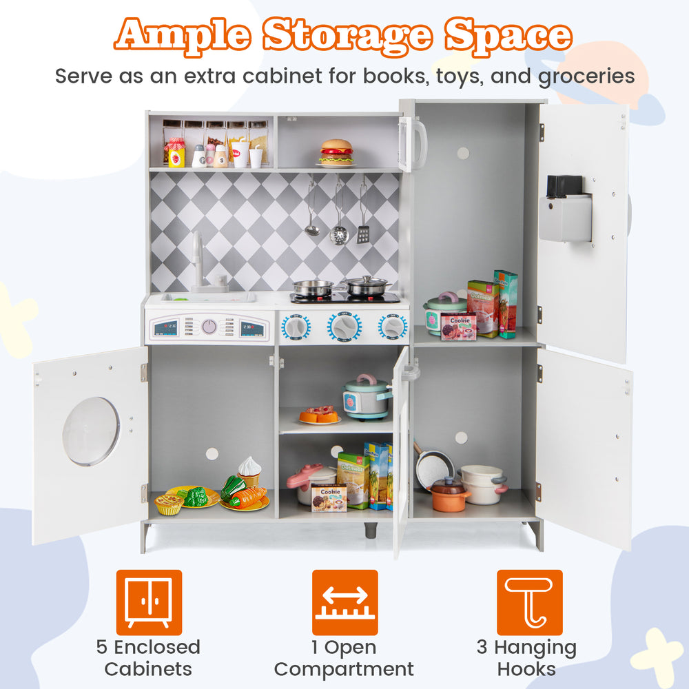 Pretend play kitchen for kids with 5 cabinets, stove, sink, and realistic sounds, perfect for imaginative cooking fun.