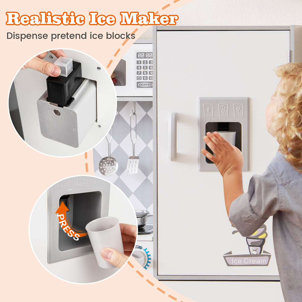 Pretend ice maker with cup and ice cubes for kids' kitchen playset, enhancing imaginative cooking experiences.