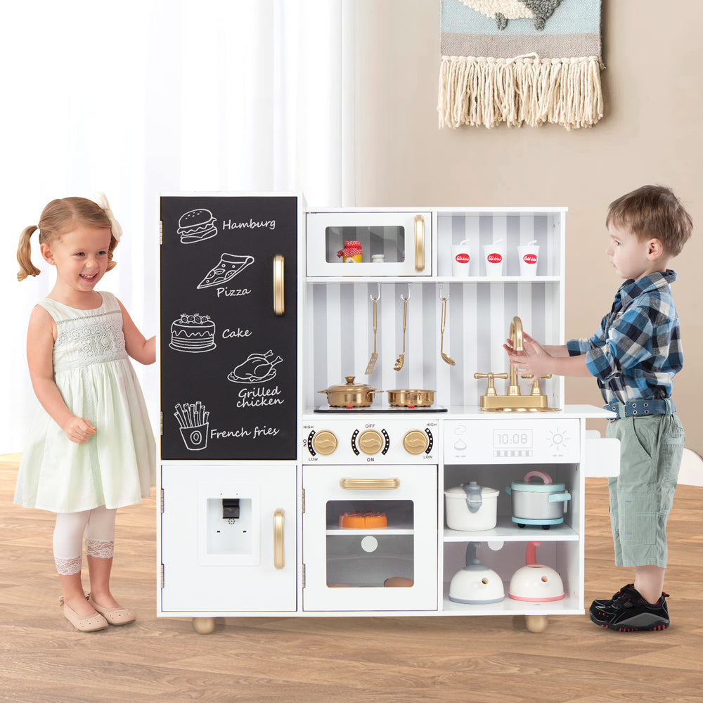 Kids' pretend play kitchen in white with oven, dishwasher, and realistic sounds for imaginative cooking fun.