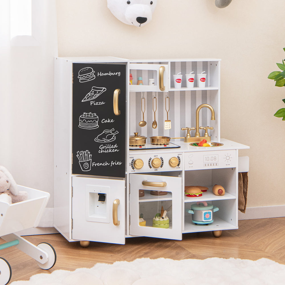 Kids' pretend play kitchen with a chalkboard and three open shelves for creative cooking and organized playtime.