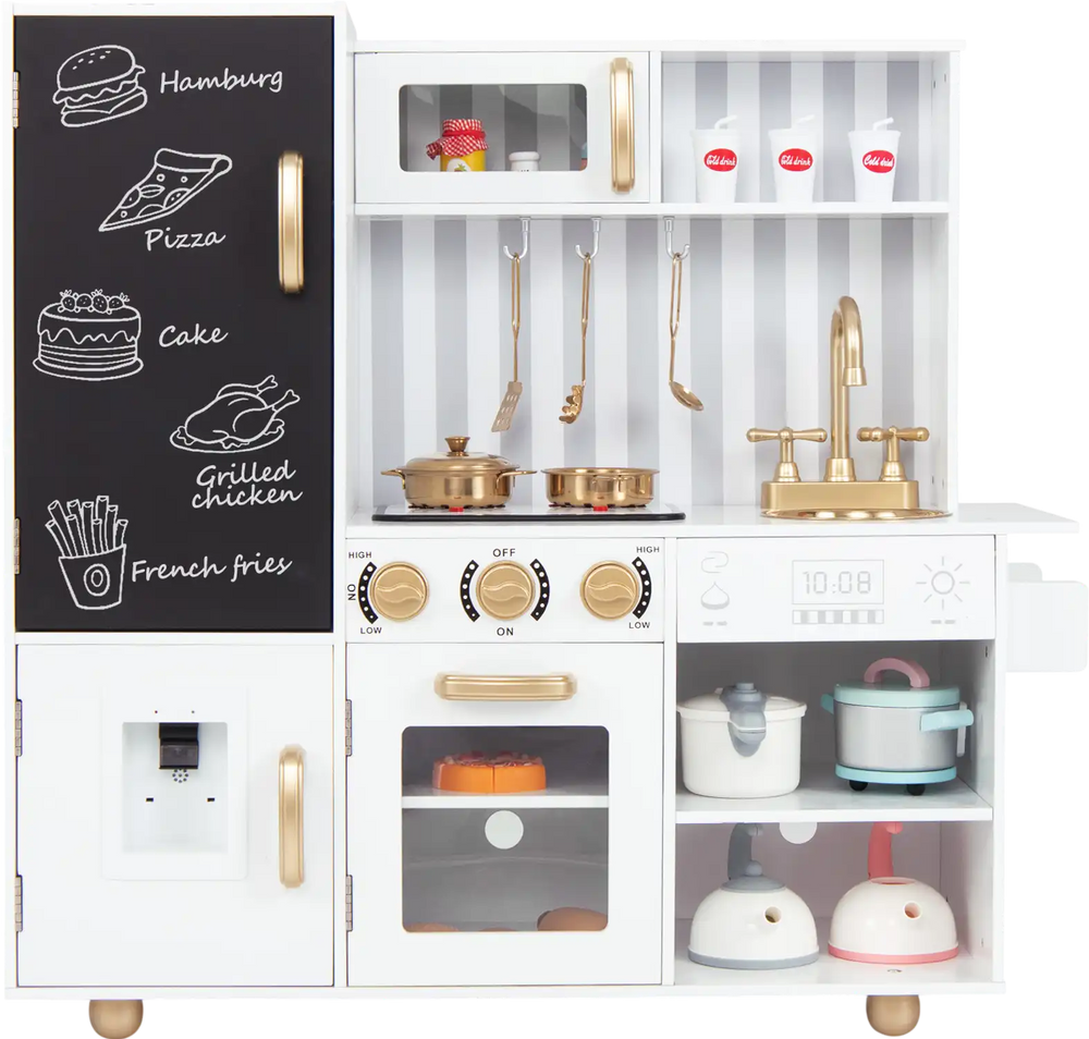 Pretend play kitchen for kids in white with oven, sink, and realistic sounds and lights for imaginative cooking fun.