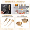 Pretend play kitchen for kids featuring a chalkboard, oven with rotatable knob, and kitchen utensils for imaginative.
