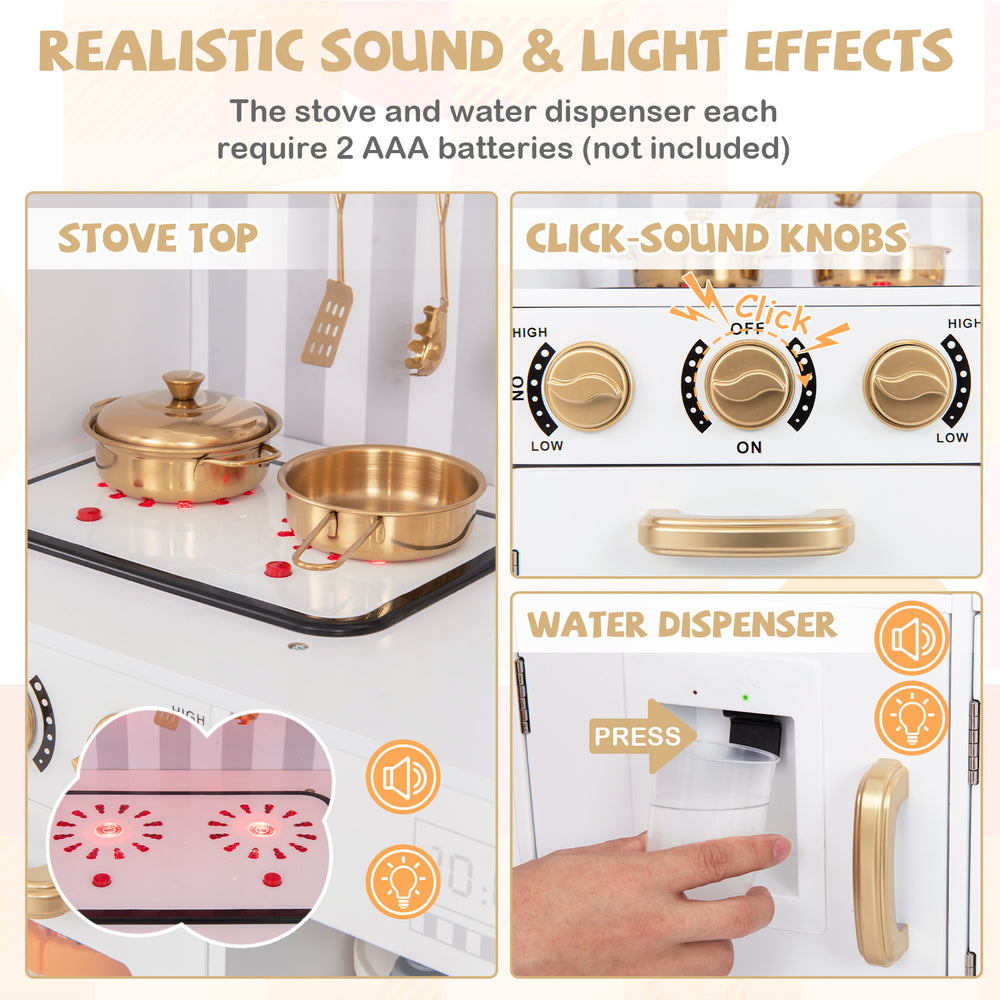 Pretend play kitchen for kids featuring realistic sound and light effects, including stove top and water dispenser.