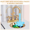 Gold faucet with rotatable design and double switches on the pretend play kitchen sink for kids' imaginative play.