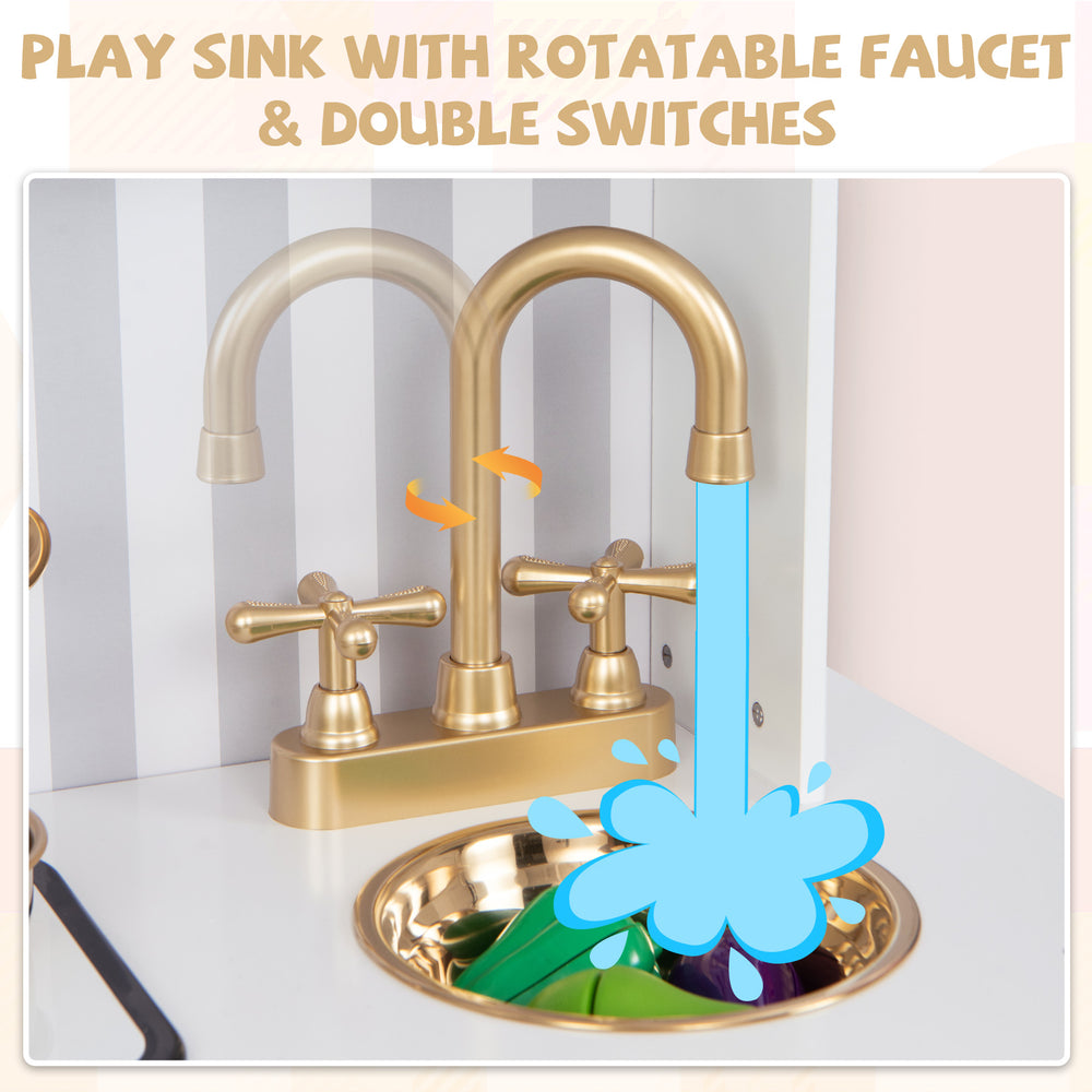 Gold faucet with rotatable design and double switches on the pretend play kitchen sink for kids' imaginative play.
