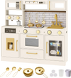 Beige pretend toy kitchen set featuring stoves, water dispenser, and accessories for immersive role-play fun.