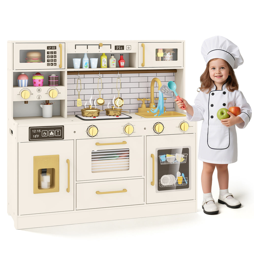 Pretend toy kitchen set in beige with stoves, water dispenser, and accessories for immersive role-play fun.