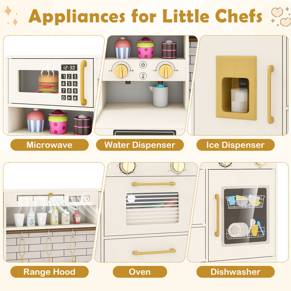 Pretend toy kitchen set featuring a microwave, water dispenser, and ice dispenser for imaginative play in beige.