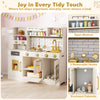 Pretend toy kitchen set in beige featuring stoves, water dispenser, open shelves, and enclosed cabinets for imaginative.