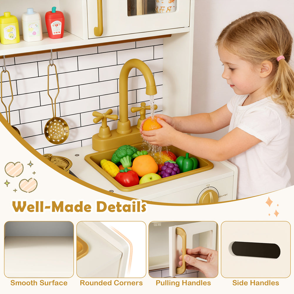 Pretend toy kitchen set in beige with stoves, water dispenser, and colorful accessories for immersive role-play fun.