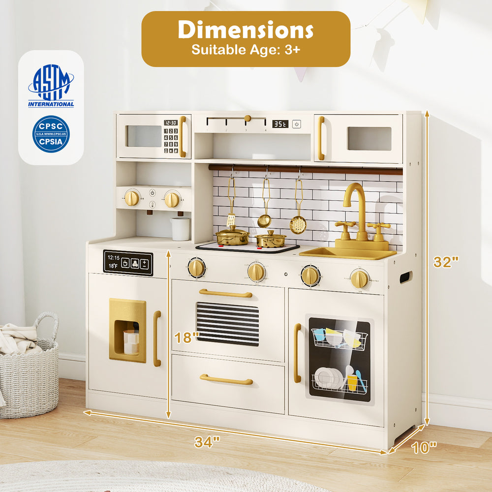 Beige pretend toy kitchen set showcasing a detailed water dispenser and realistic stoves, perfect for imaginative play.