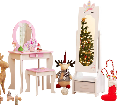 Costway Kids Princess Vanity Table Stool Set Jewelry Cabinet Mirror Drawer Pink 53847691 New