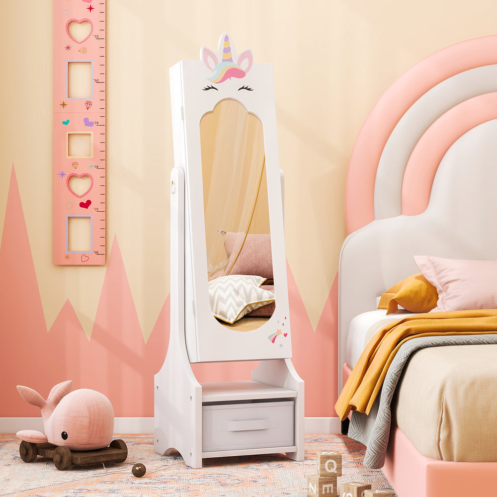 Kids princess vanity table with mirror and drawer in pink, featuring a full-length mirror and adjustable tilt angles.