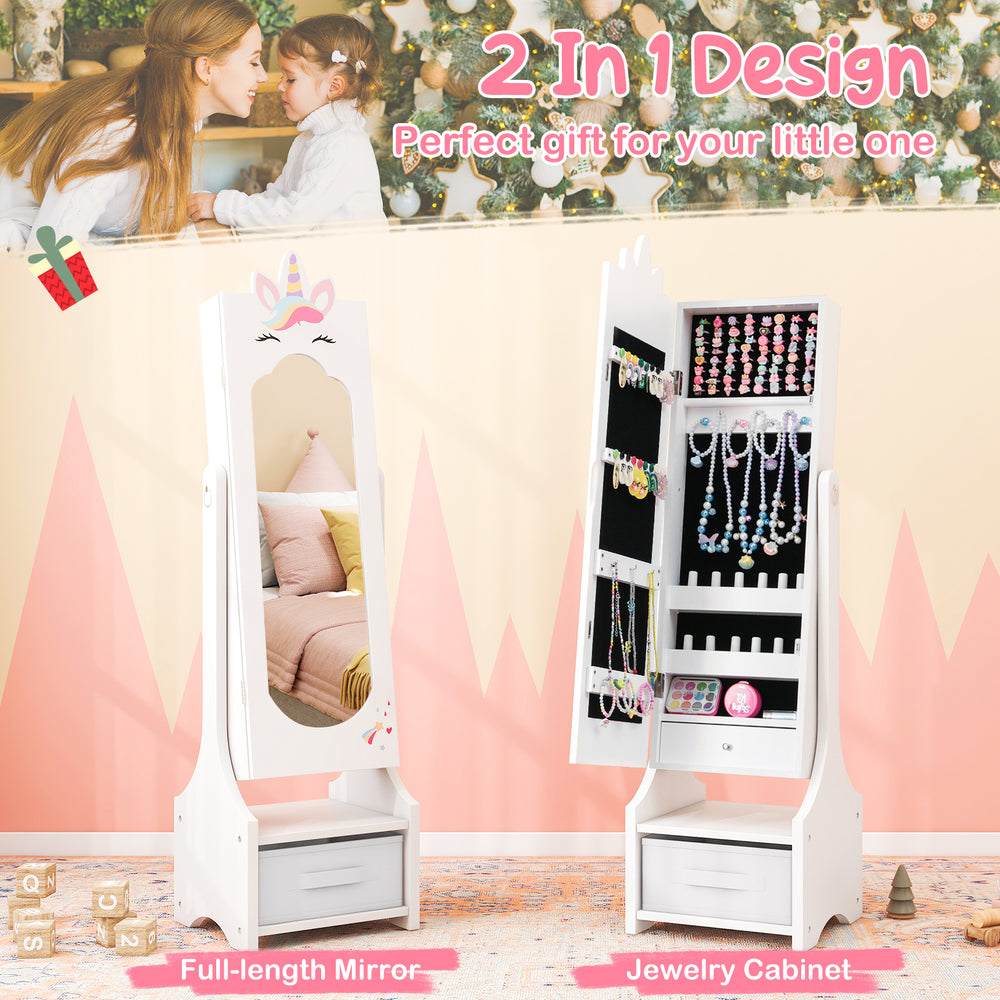 Kids princess vanity table set in pink featuring a full-length mirror and jewelry cabinet for organized storage.