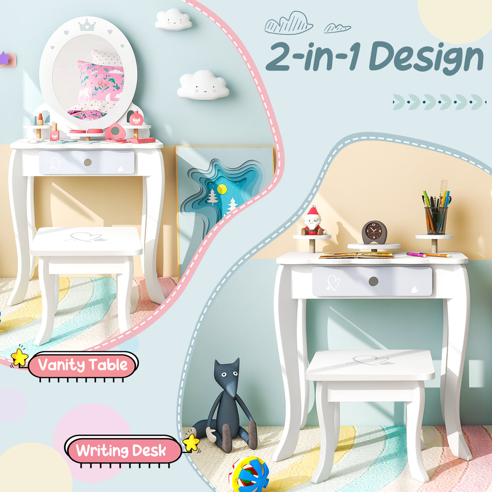 Kids 2-in-1 princess vanity table and writing desk set in white with removable mirror and storage for endless fun.