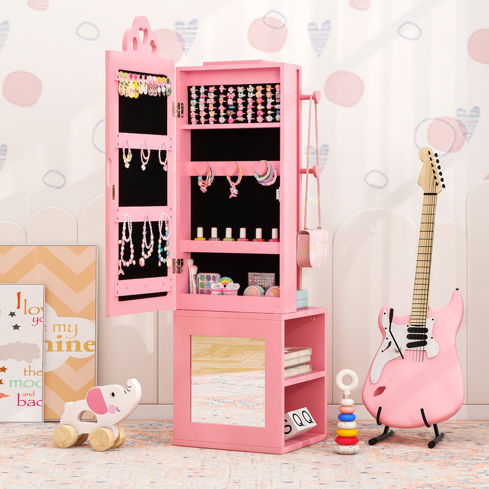 Princess Vanity Table and Stool Set Freestanding Jewelry Cabinet Armoire with Full-Length Mirror-Pink - Gallery View 1 of 9