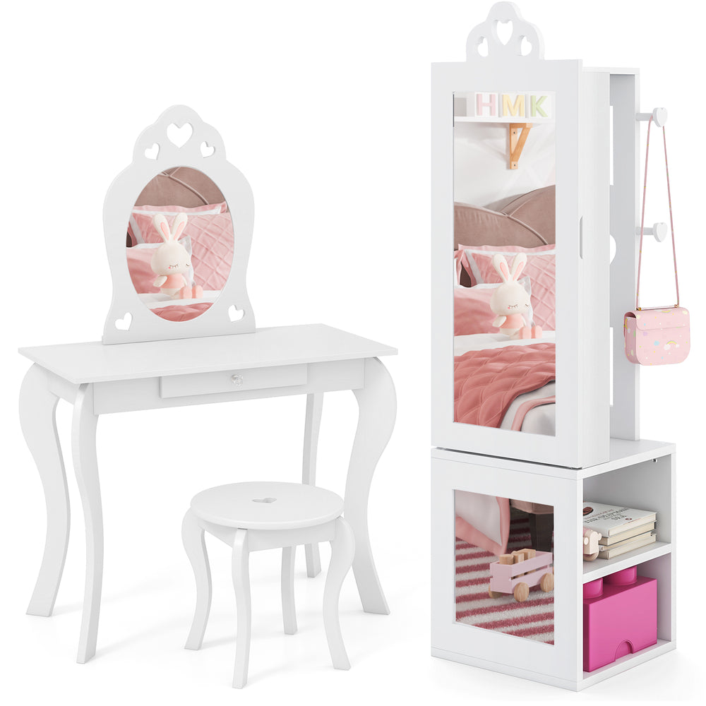 White princess vanity table and stool set with full-length mirror and jewelry cabinet, perfect for kids' room.