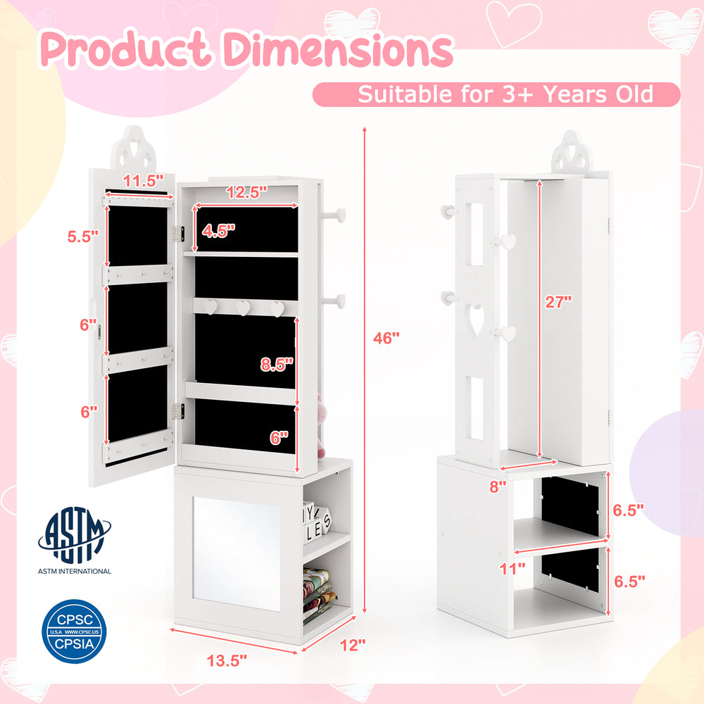 Dimensions of the Princess Vanity Table and Stool Set, featuring a full-length mirror and ample storage for kids'.