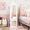Freestanding white princess vanity table with full-length mirror and storage, perfect for kids' jewelry and cosmetics.