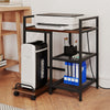Printer stand in rustic brown with charging station, open mesh shelves, and wheels for easy movement in an organized.