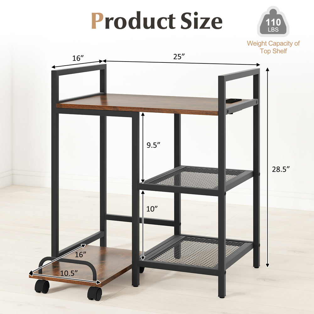 Printer stand with charging station in rustic brown, featuring open mesh shelves and dimensions of 25" x 28.5" x 16".