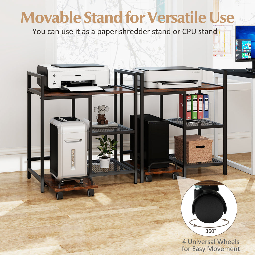 Printer stand with charging station in rustic brown, featuring open shelves and 4 wheels for easy movement.