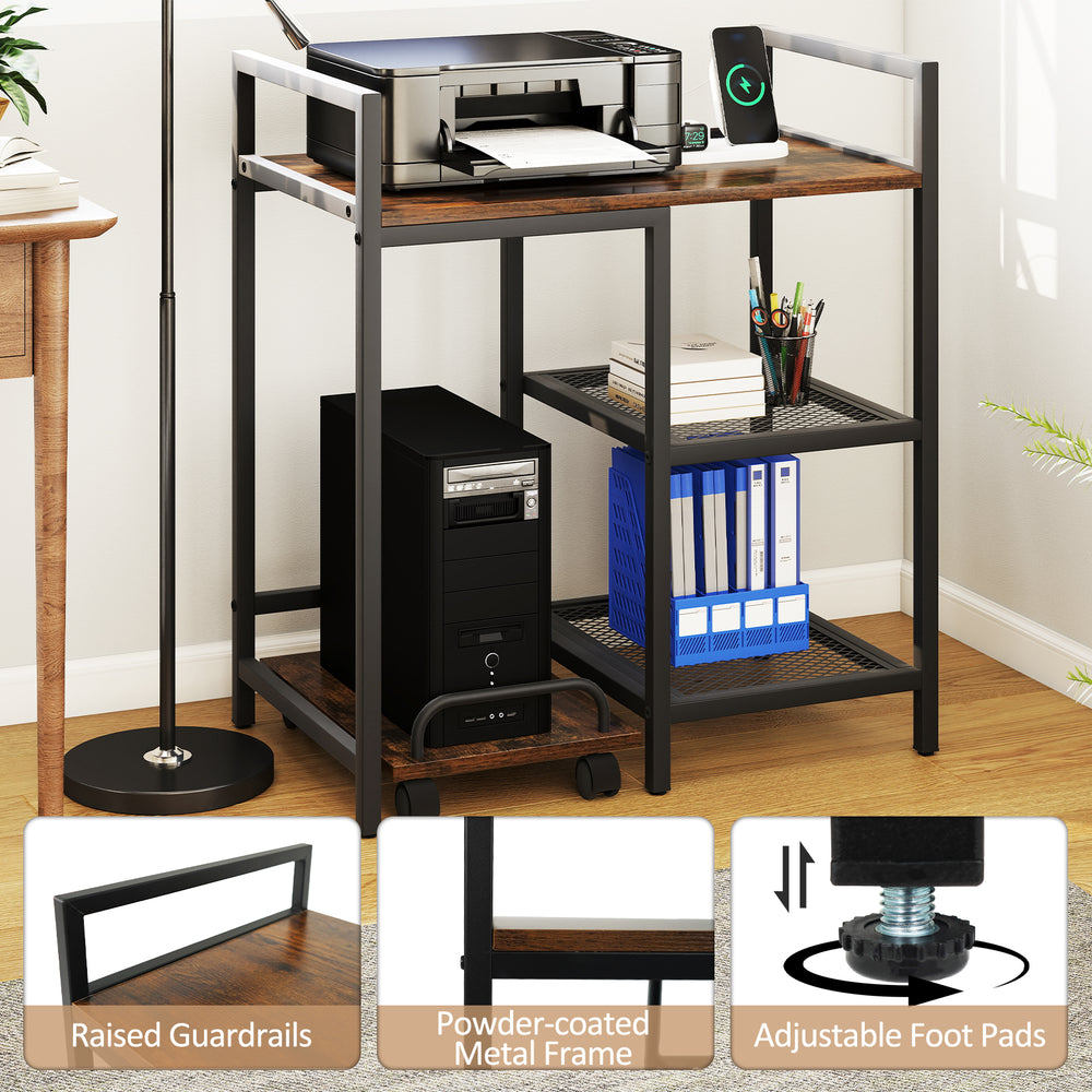 Printer stand in rustic brown with charging station, open mesh shelves, and adjustable foot pads for organized.