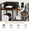 Printer stand in rustic brown with built-in charging station, open mesh shelves, and wheels for easy movement.