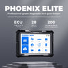 Phoenix Elite diagnostic scanner with touchscreen displaying menu icons for vehicle scanning, services, diagnostics, and prog