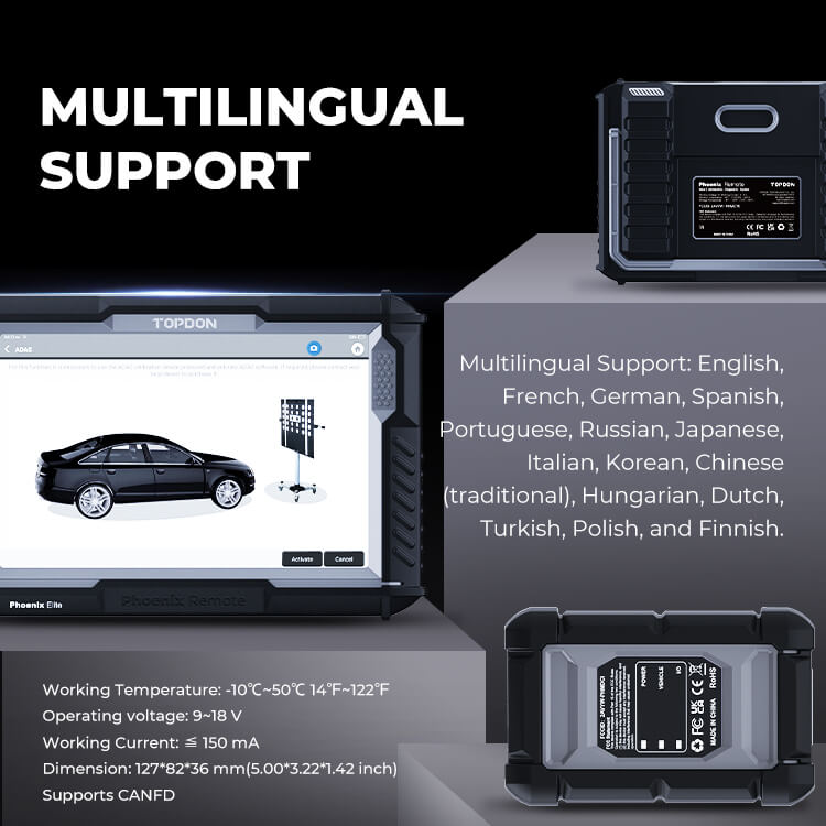 Black diagnostic device with display screen showing car schematic and multilingual interface options.