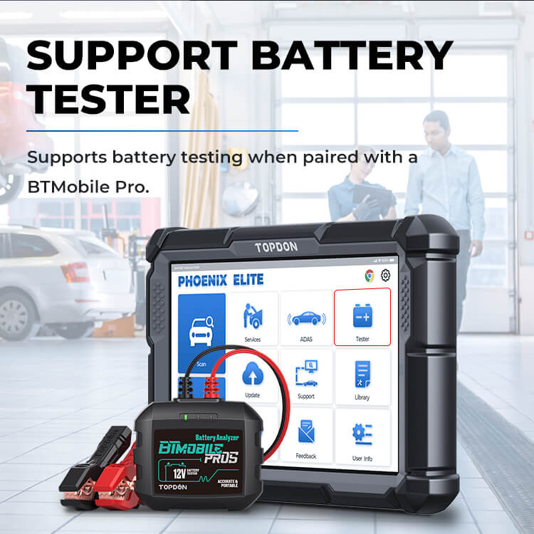 Phoenix Elite diagnostic tablet with BTMobile Pro battery tester and red clamps displayed together.