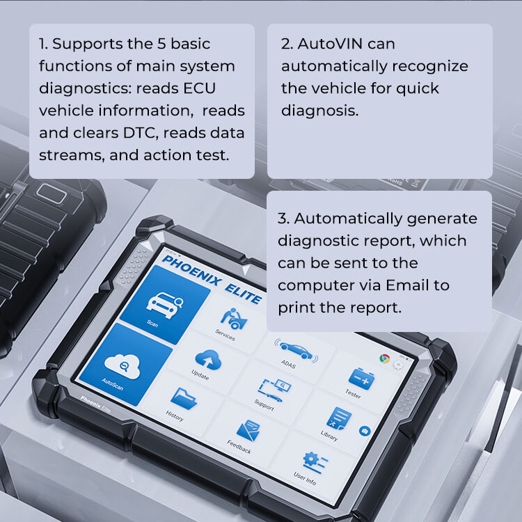 Phoenix Elite diagnostic scanner tablet with blue interface showing vehicle diagnostics menu and functions.