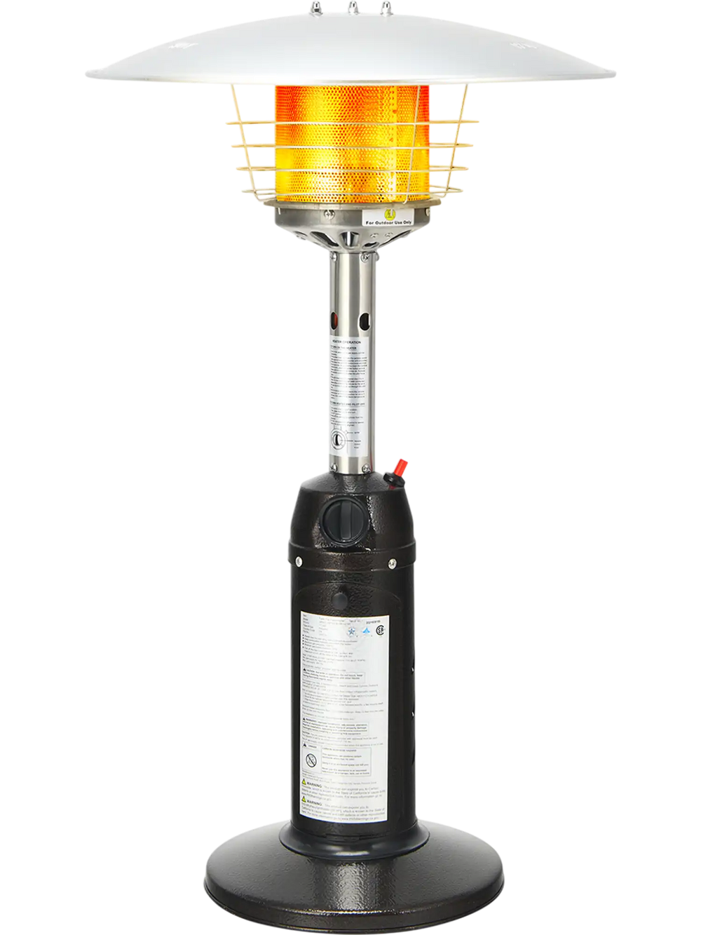 Portable tabletop propane patio heater in black with 11,000 BTU output, ideal for outdoor winter warmth and safety.