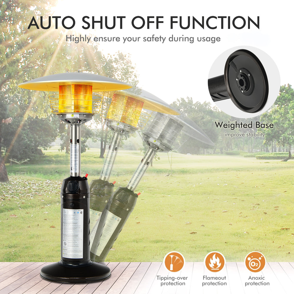 Portable tabletop propane patio heater in black with auto shut-off function and weighted base for stability outdoors.