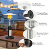 Portable tabletop propane patio heater with weighted base, stainless surface, and wire guard for safety and stability.